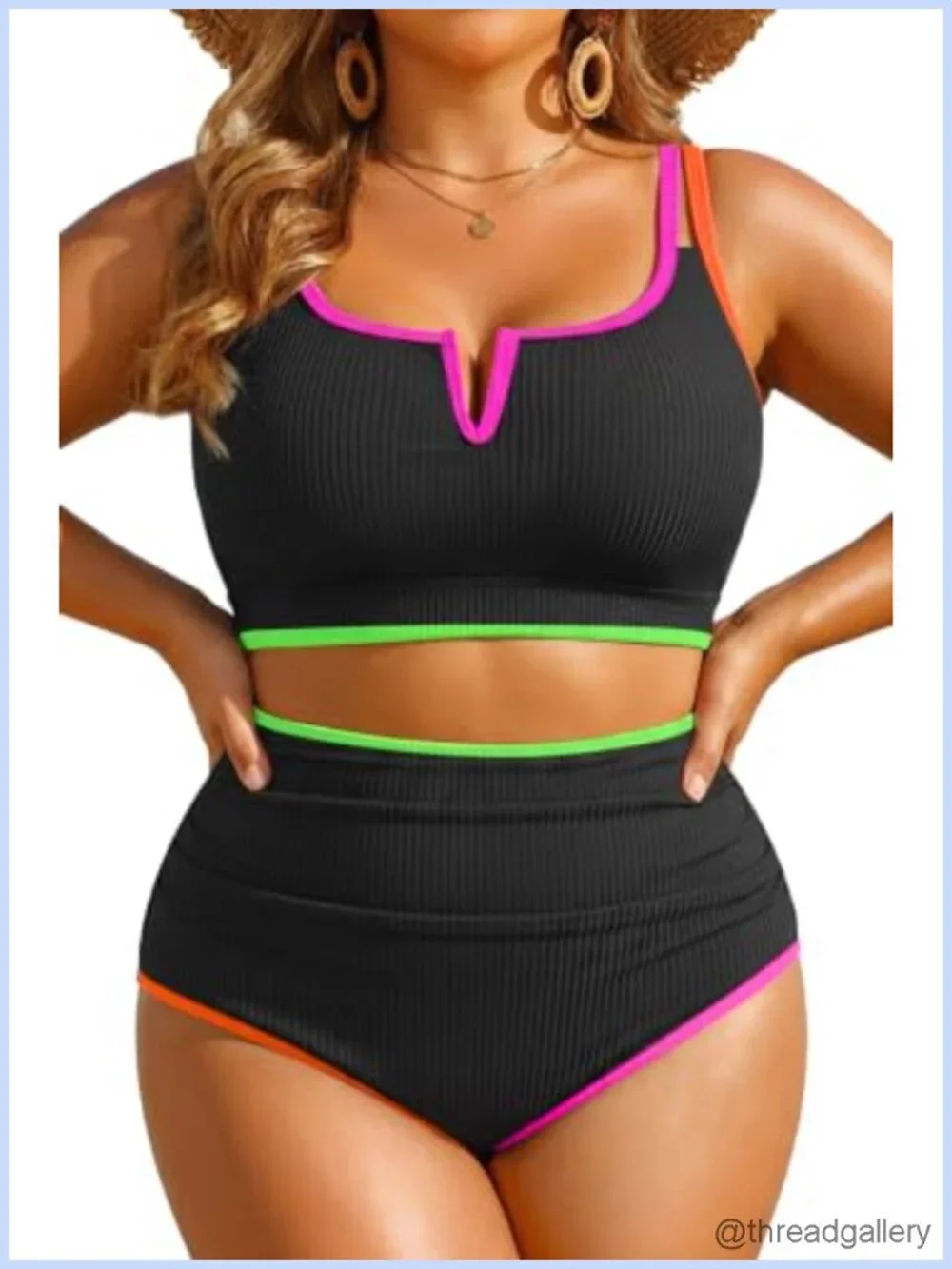 Plus Size High Waisted Ribbed Tummy Control Bikini Two Piece Swimset